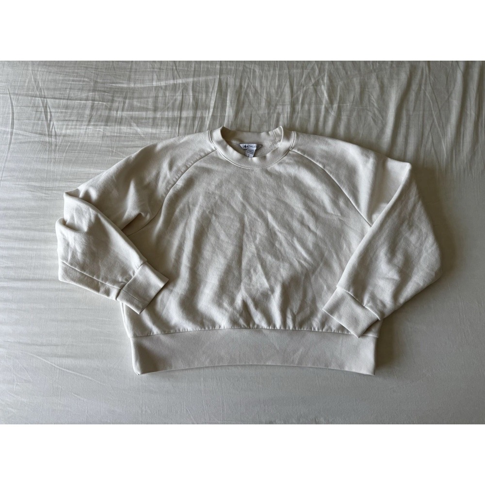 Athleta Crewneck Sweatshirt Large Fleece Semi Cropped Pullover Cream Ivory EUC